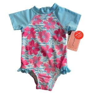 Short Sleeve Hibiscus Print Swimsuit